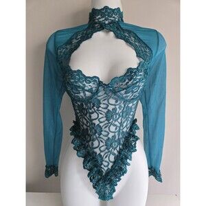 Frederick’s of Hollywood Vintage Women's S Lace Long Sleeve Teddy Teal Green